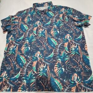 Columbia Men's Tropical Print Polo Shirt Navy with Teal & Peach Accents Size 4X